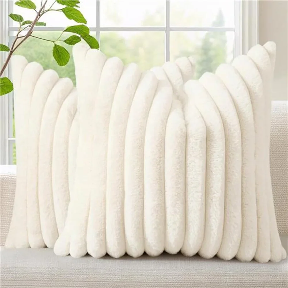 Faux Fur Throw Pillow Covers 18x18 Set of 2 Soft Plush Striped Couch Bed Decor
